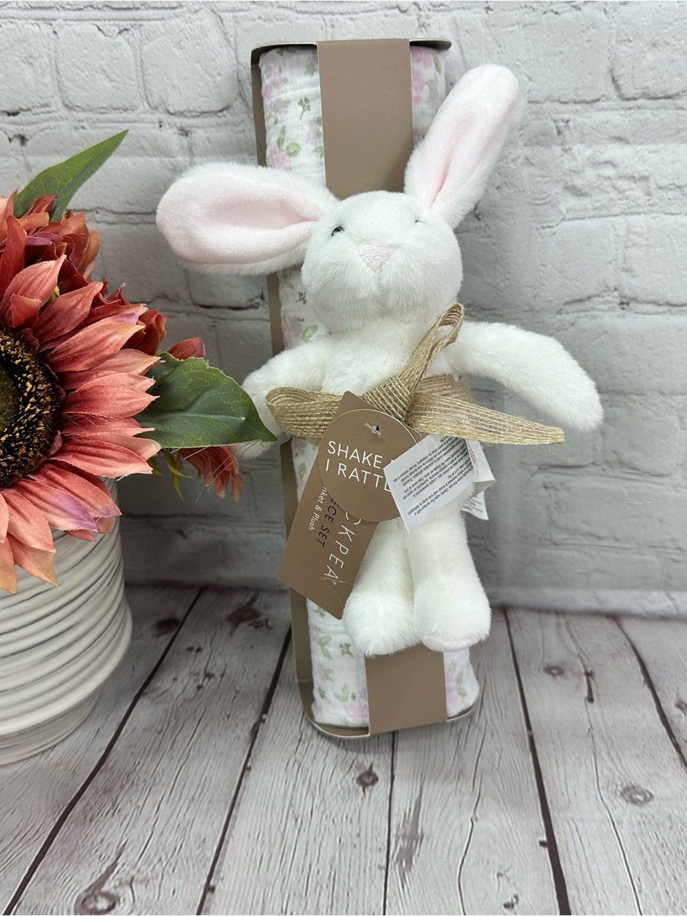 NWT chick pea Plush Bunny Rattle Muslin swaddling baby blanket pastel floral